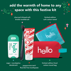 hello Holiday  Home for the Holidays Fluoride-Free Toothpaste and Aluminum Free Deodorant Travel Toiletry Bag Kit - 5pc